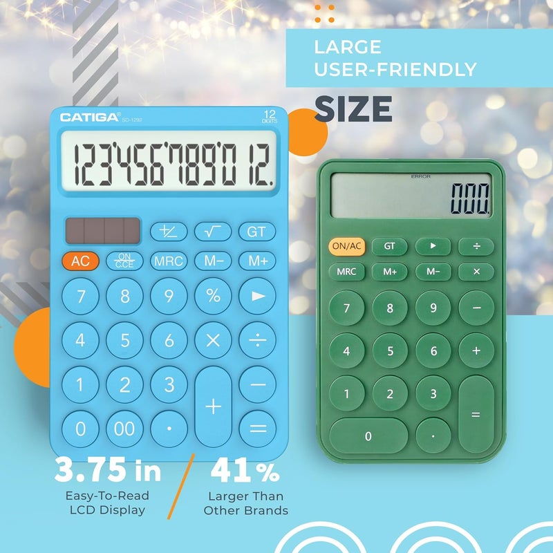 CATIGA 12 Digit Desktop Calculator Basic Desk Calculator with Large LCD Display, Big Buttons, 4 Function, Solar and Battery Dual Power, for Office, School, Home, SD-1292 Blue - Image 3